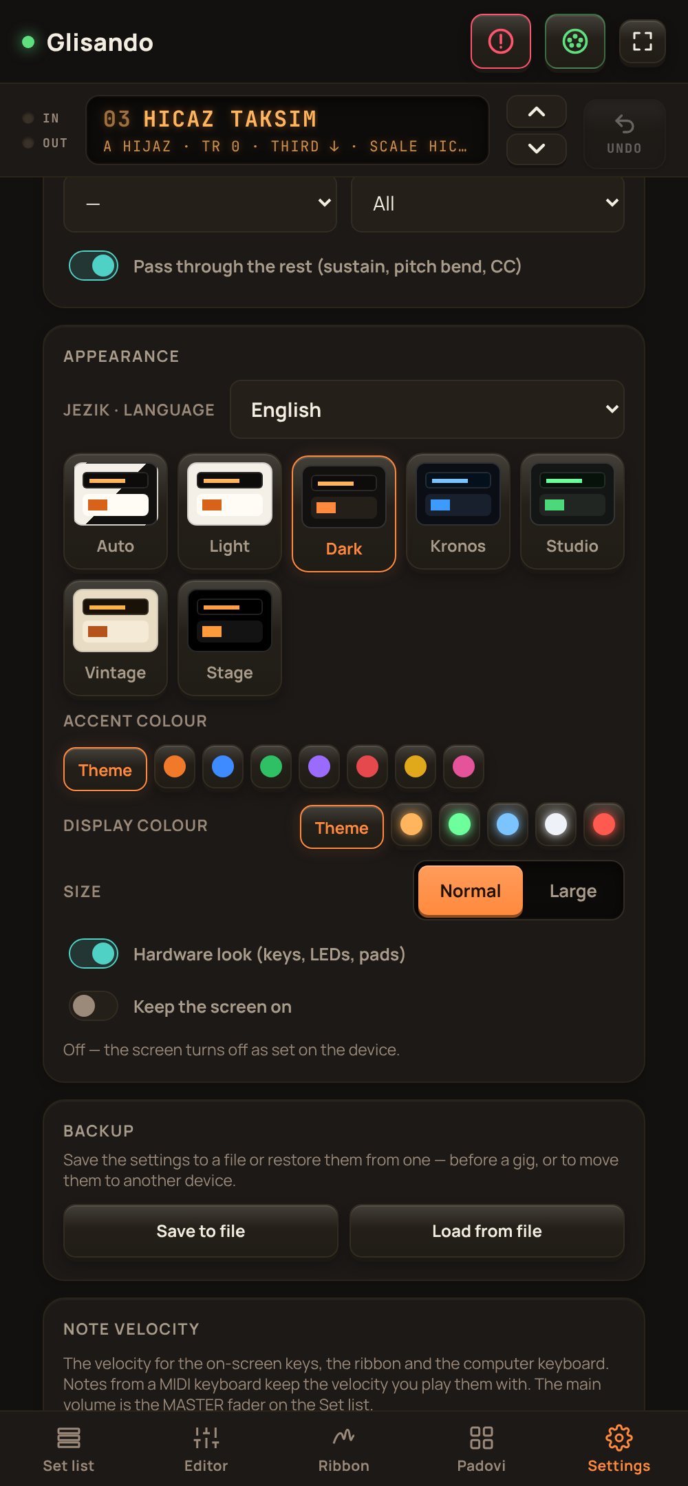 Appearance settings: language, theme cards, accent and display colours, size