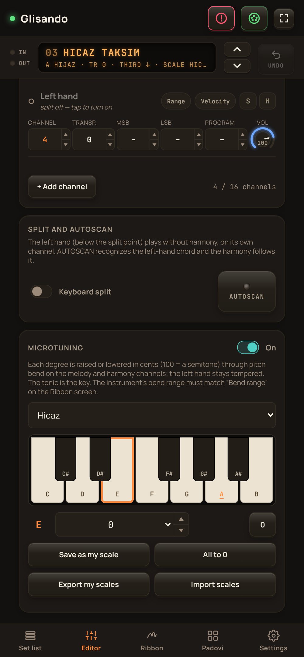 The Microtuning panel: a one-octave keyboard showing the cents of each degree, with the Hicaz scale selected