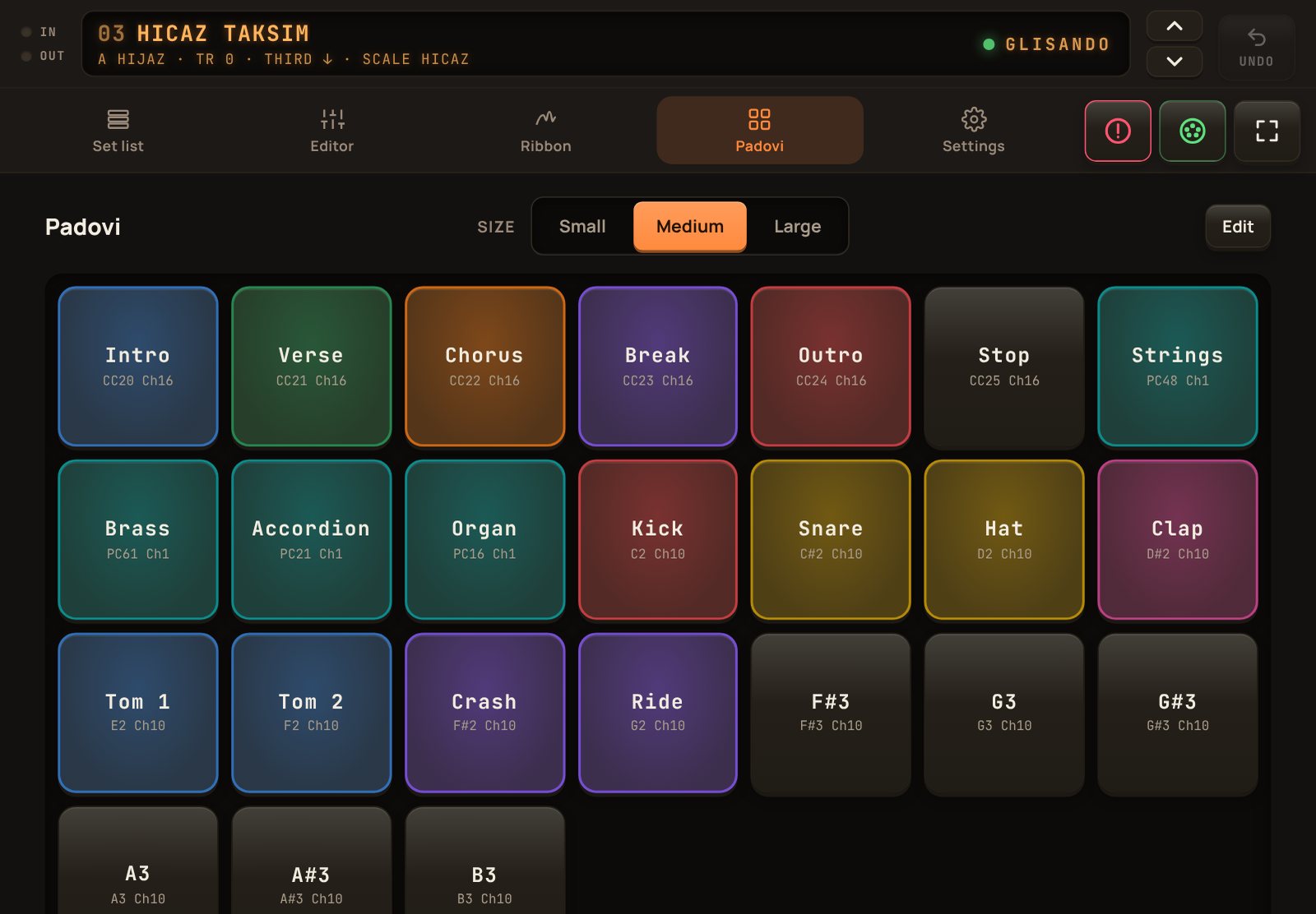 The pads page on a tablet: twenty-four coloured pads for scenes, sound changes and percussion
