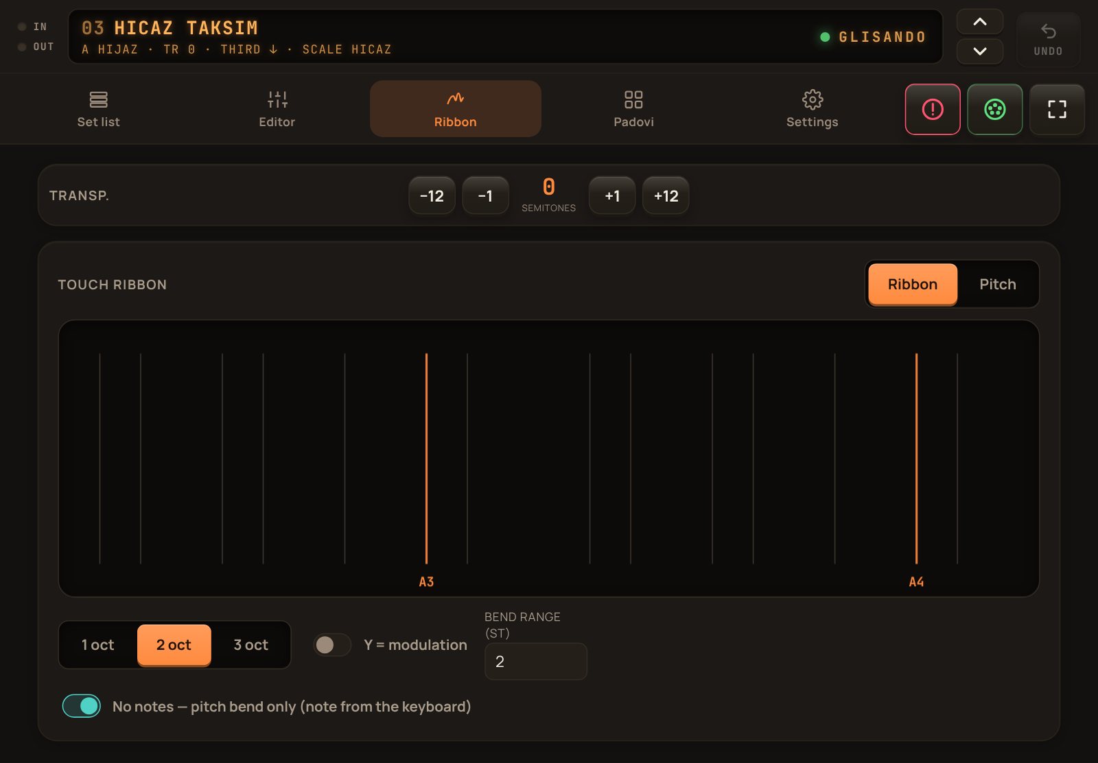 The touch ribbon over two octaves of A Hijaz, with octave, modulation and bend range settings