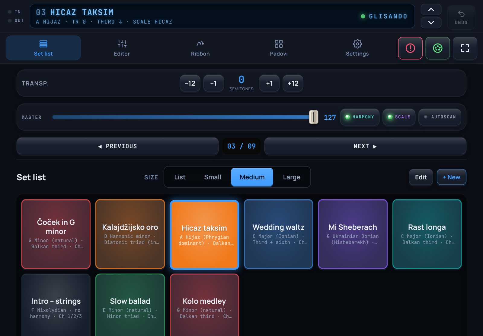 The set list in the blue Kronos theme with nine coloured performances