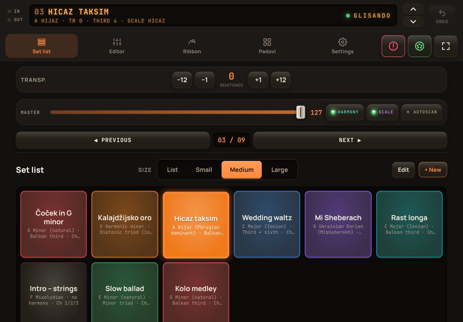 Glisando's set list on a tablet: the display with the current performance, transpose, a MASTER fader with HARMONY, SCALE and AUTOSCAN keys, PREVIOUS and NEXT keys, and coloured performance pads