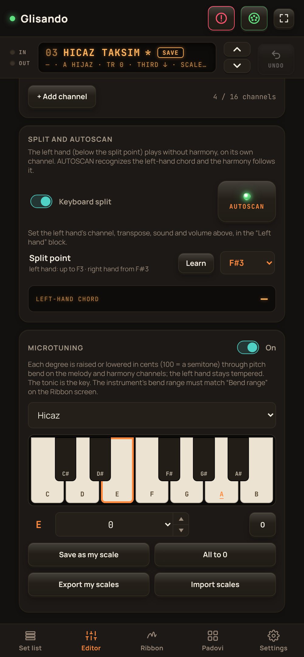 Split and AUTOSCAN on a phone: the split point at F#3, the left hand on its own channel and the AUTOSCAN key lit